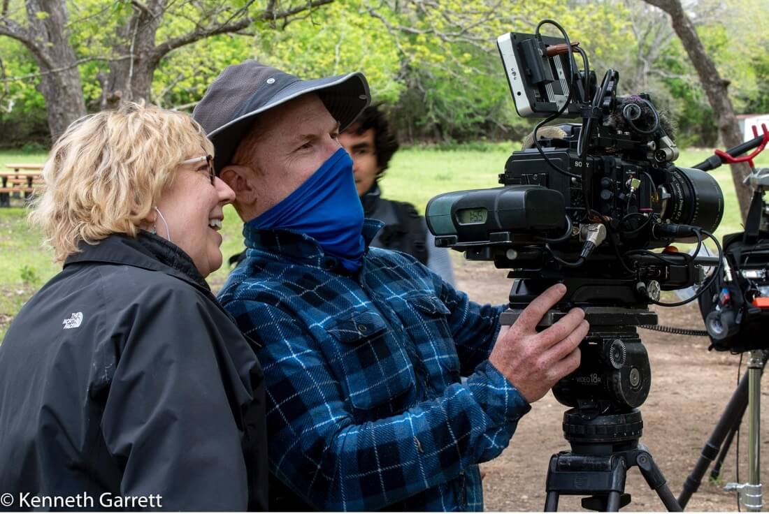 Olive, cinematographer Matt Franklin, and Pablo Veliz checking out a shot.